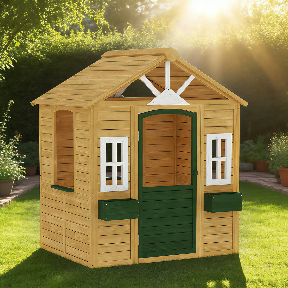 Cabane enfant extérieur en bois, maison enfant extérieure avec porte, fenêtres, 2 bacs à fleurs, 134,5x97x150cm, marron-1