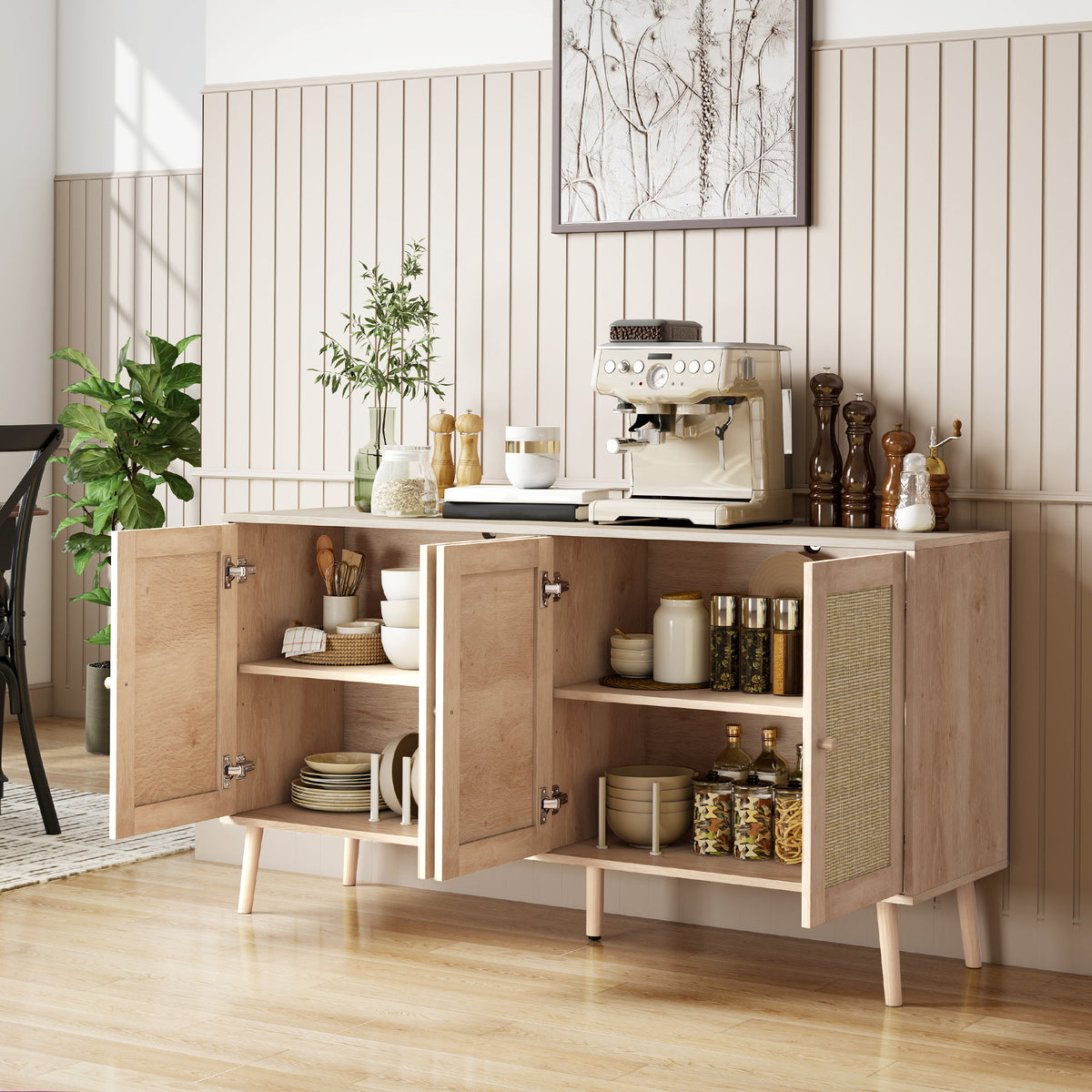 Buffet salon meuble de rangement placards à portes en cannage et étagère réglable 140 x 40 x 75 cm effet bois naturel-1