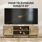 Meuble TV 135 cm, meuble télé pour téléviseur jusqu'à 65 pouces avec 2 portes en rotin, 2 compartiments ouverts, chêne-4