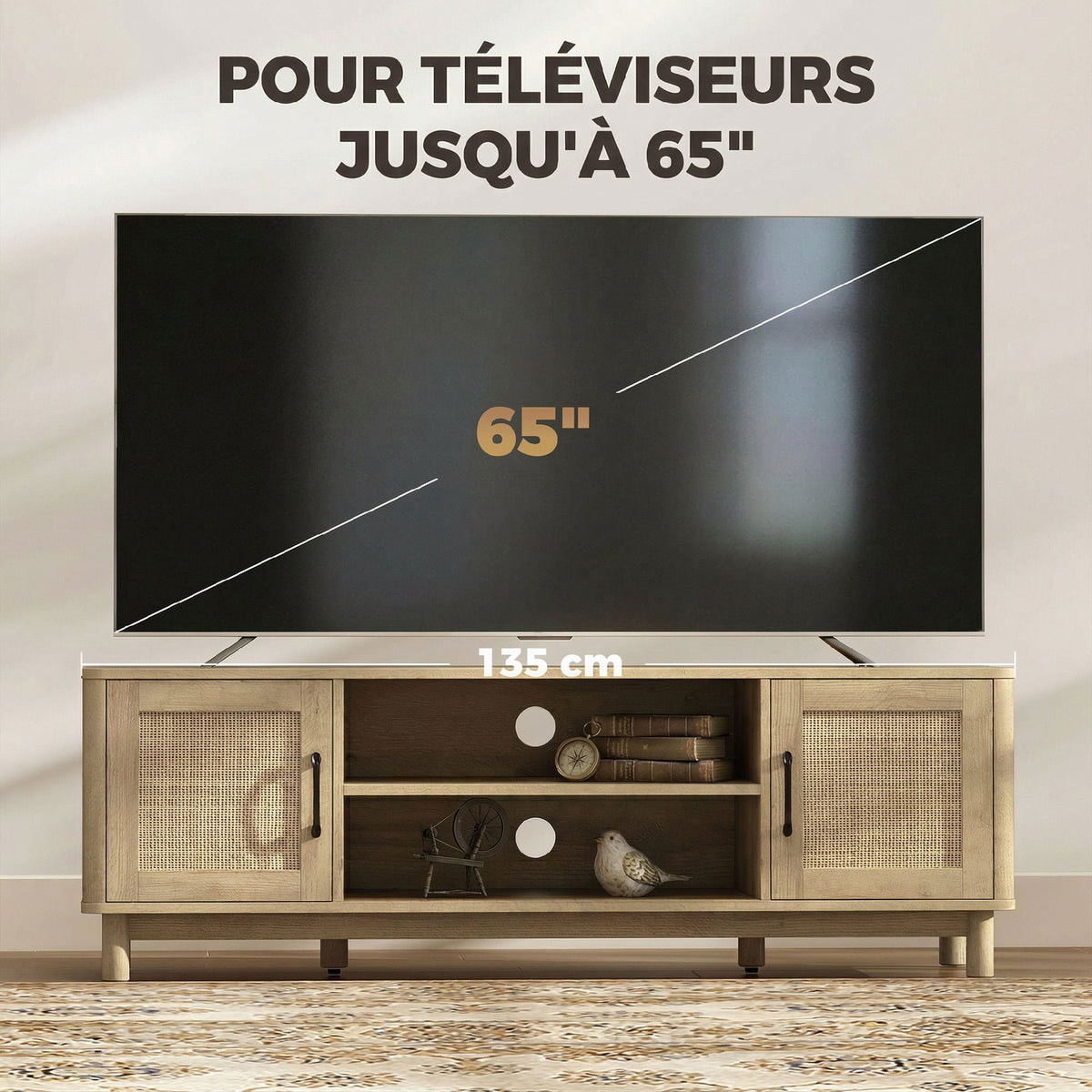 Meuble TV 135 cm, meuble télé pour téléviseur jusqu'à 65 pouces avec 2 portes en rotin, 2 compartiments ouverts, chêne-4