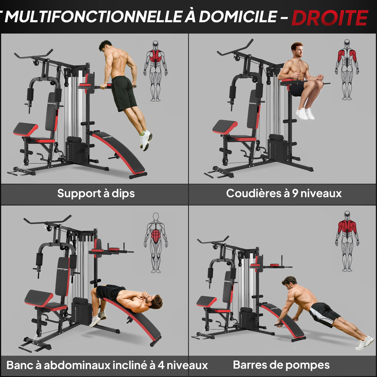 Station Multi Gym avec Poids de 65 kg, Équipement de Musculation avec Banc pour Abdominaux, Noir et Rouge-4