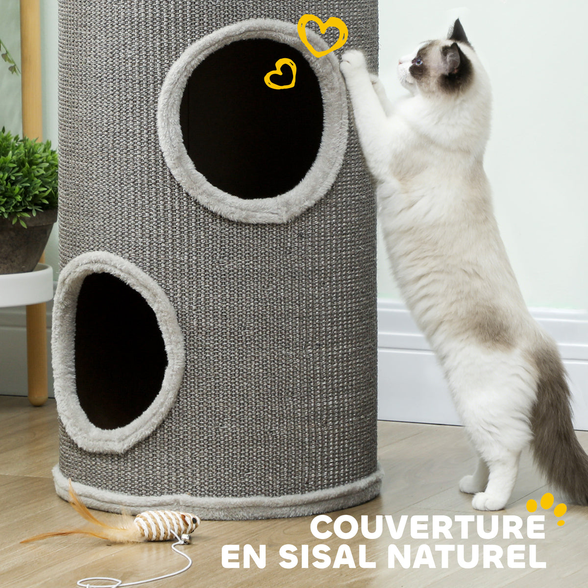 Tonneau à Gratter pour Chat, Tour à Griffer, Arbre à Chat à 2 Couches en Sisal Naturel, Ø35x60cm, Gris Clair-4