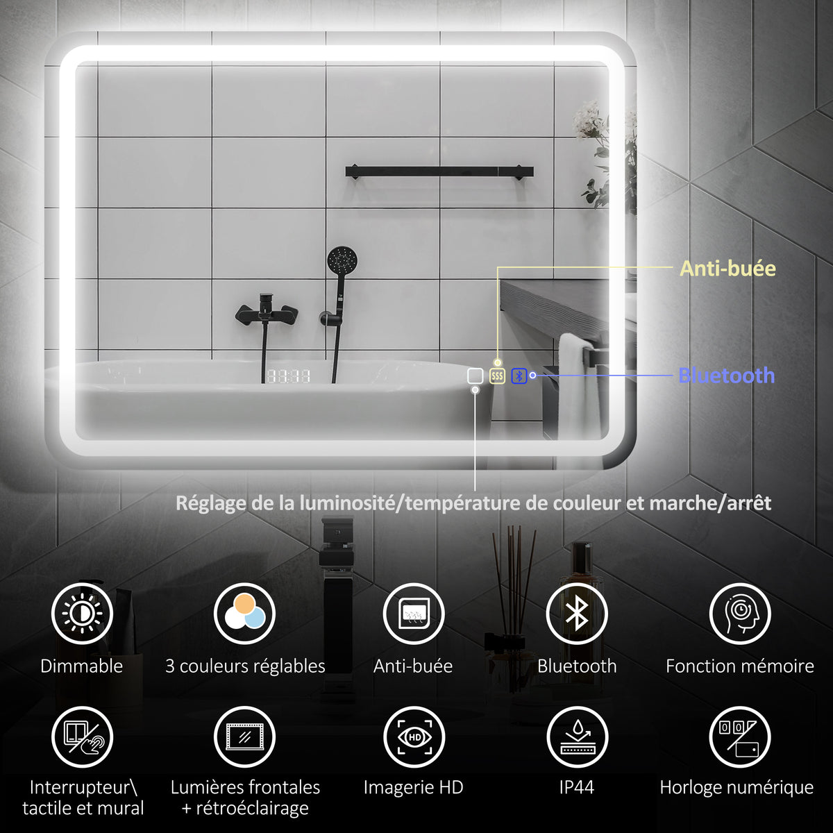 Miroir salle de bain Bluetooth avec éclairage LED 60 x 80 cm, miroir lumineux mural avec horloge, antibuée, argenté-3