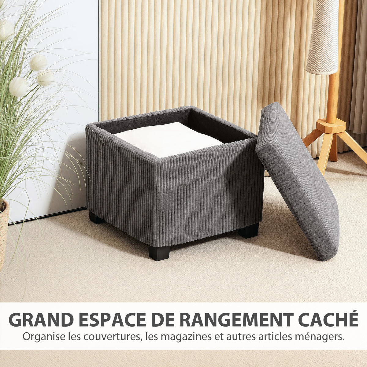 Coffre pouf rangement 30 L avec couvercle amovible, ottoman cube rembourré en velours côtelé, 40 x 40 x 40 cm, gris-4