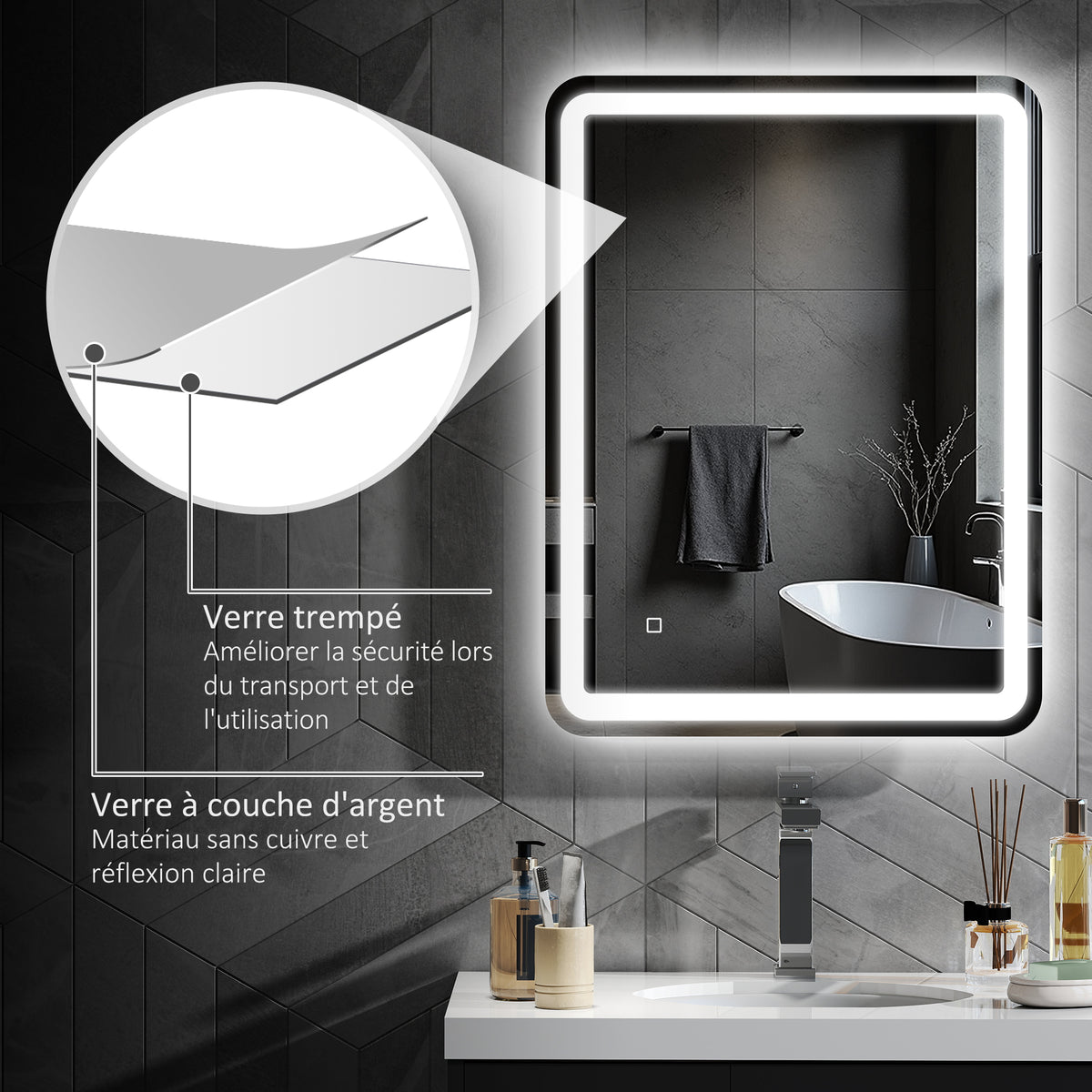 Miroir de salle de bain 60 x 80 cm, miroir LED mural avec 3 couleurs lumière, dimmable, mémoire, anti-buée, argent-7