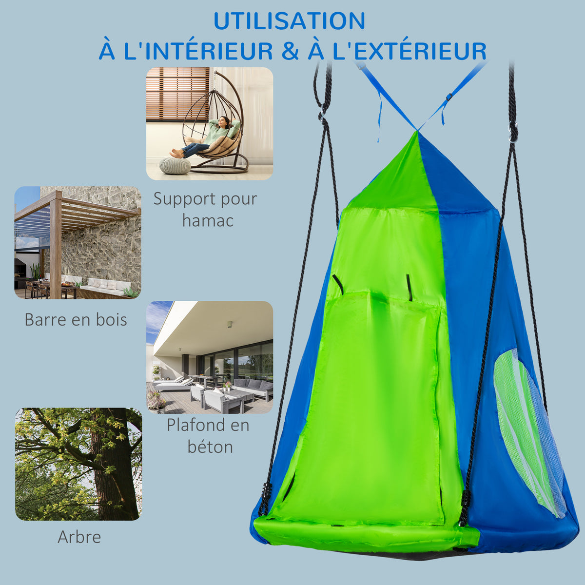 Balançoire nid d'oiseau Ronde avec Tente Amovible Ø 100 cm 4 Anneaux Inclus métal époxy Oxford Haute densité - Vert et Bleu-4