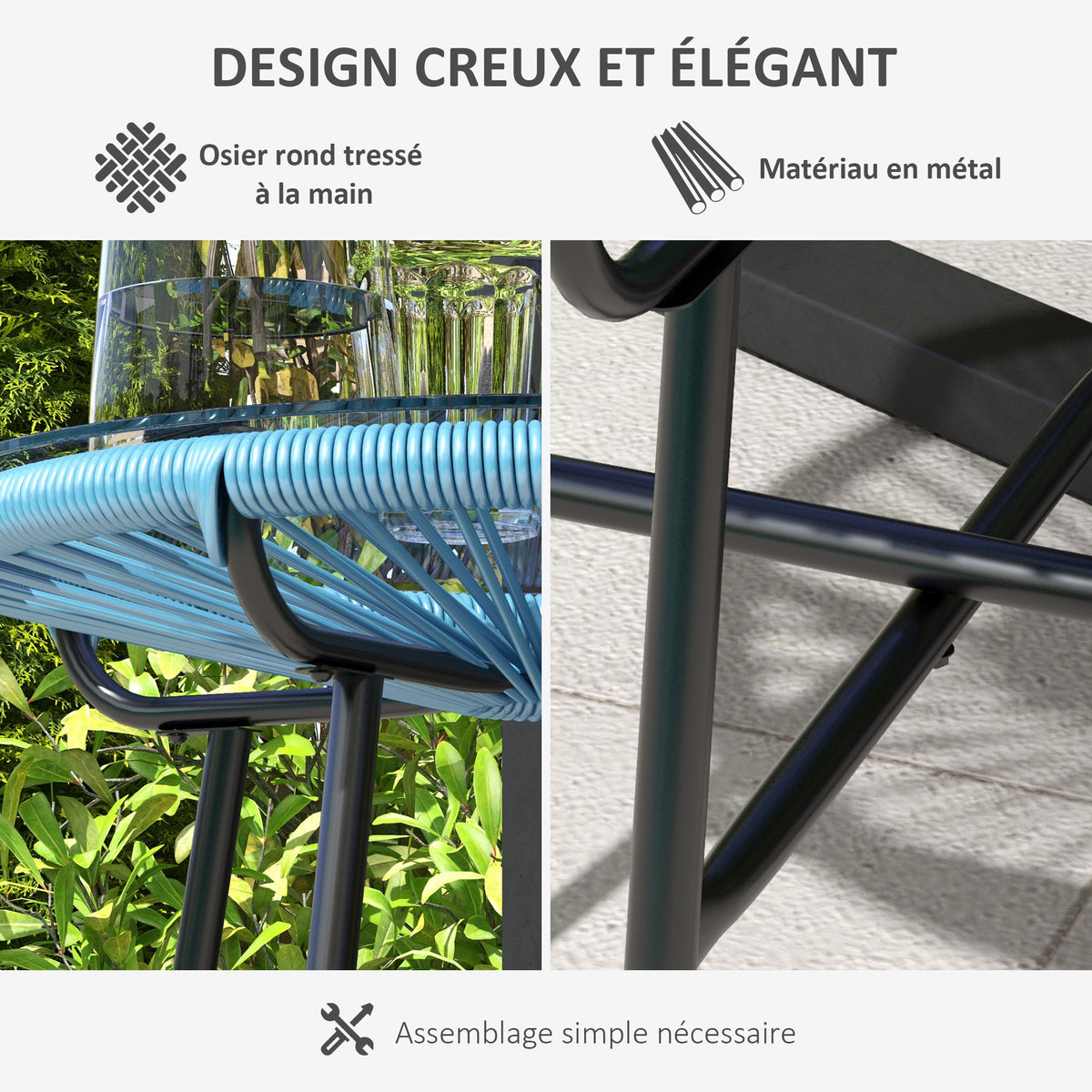 Table basse ronde de jardin en résine aspect rotin métal et plateau verre trempé Ø 50 x 50H cm-4