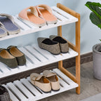 Étagère à chaussures à 3 niveaux, porte-chaussures en bois de pin avec 3 étagères à lattes, pour salon, entrée, 70 x 26 x 57,5 cm, blanc et effet bois naturel-6