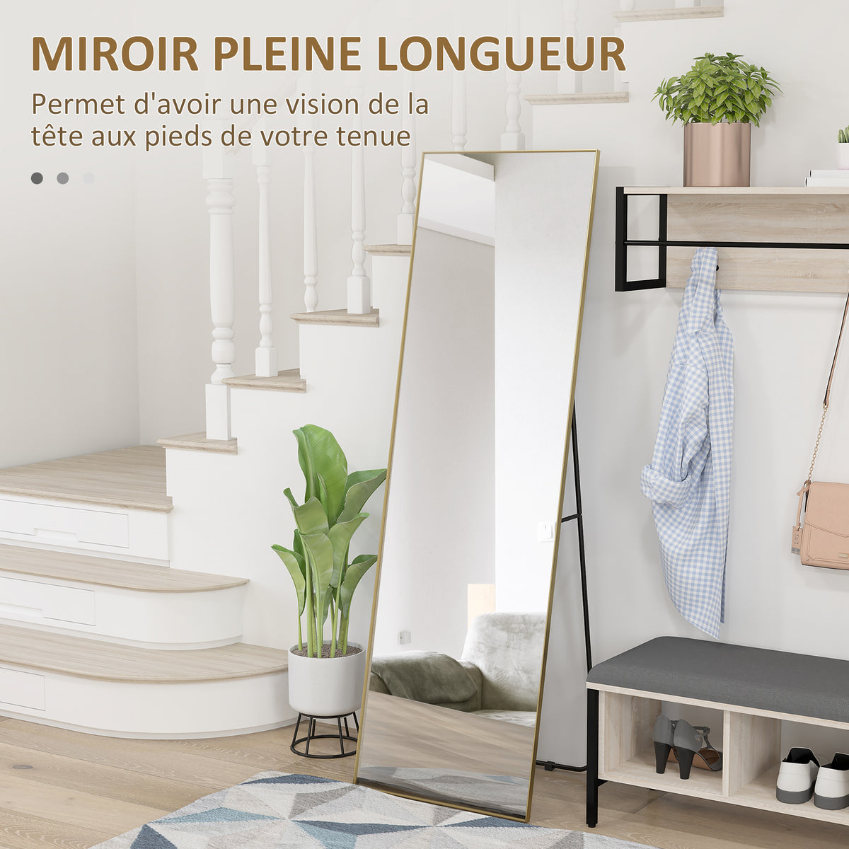 Grand miroir pleine longueur rectangulaire, 50 x 160 cm, miroir sur pied, mural ou pocé contre mur, doré-3