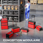 Lot de 3 boîtes à outils sur roulettes empilables et modulaires en acier avec plateau, poignées et serrure, rouge-3