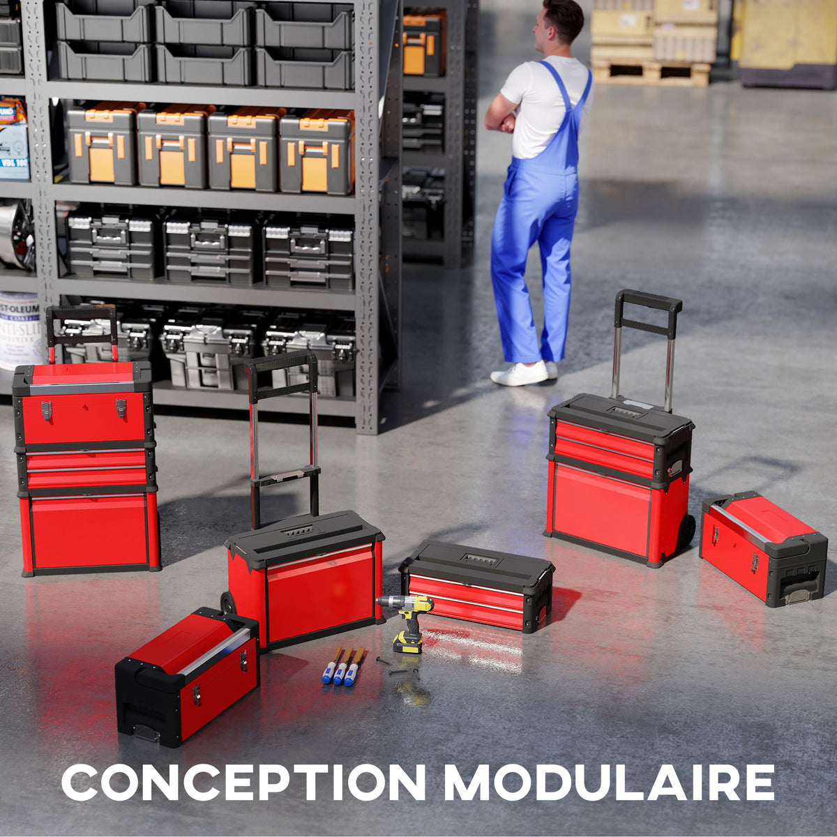 Lot de 3 boîtes à outils sur roulettes empilables et modulaires en acier avec plateau, poignées et serrure, rouge-3