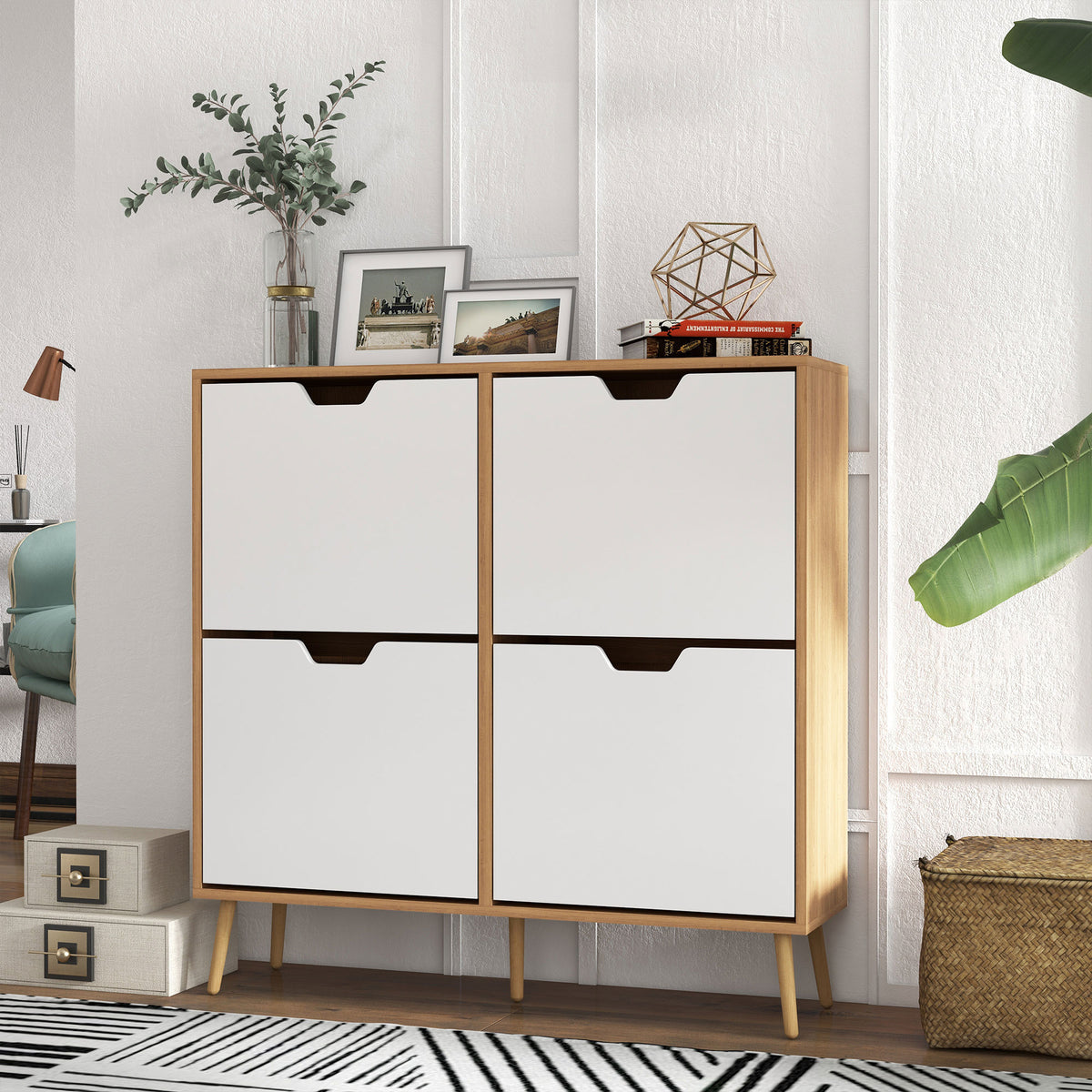 Meuble à chaussures 4 abattants 16 paires avec étagère réglable pieds en bois de pin 95 x 26 x 95 cm naturel-9