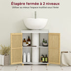 Meuble sous lavabo salle de bain - placard à portes à lattes en bambou, 60 x 30 x 75 cm, effet bois naturel-4