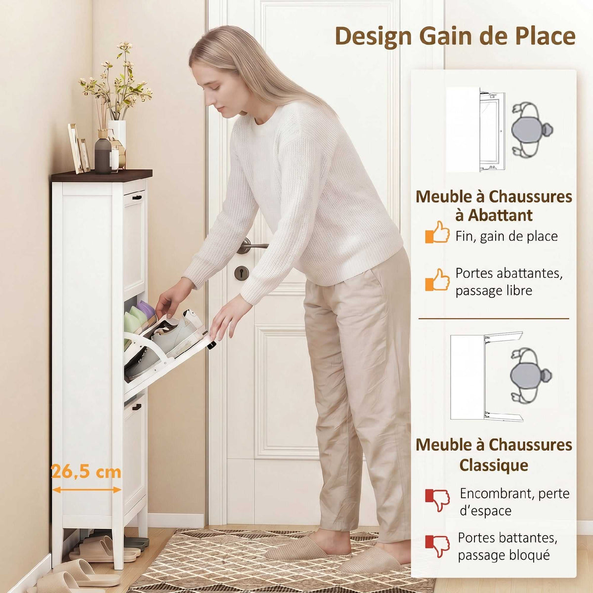 Meuble à chaussures 18 paires, armoire à chaussures étroite avec 3 tiroirs rabattables et étagères réglables, blanc-3