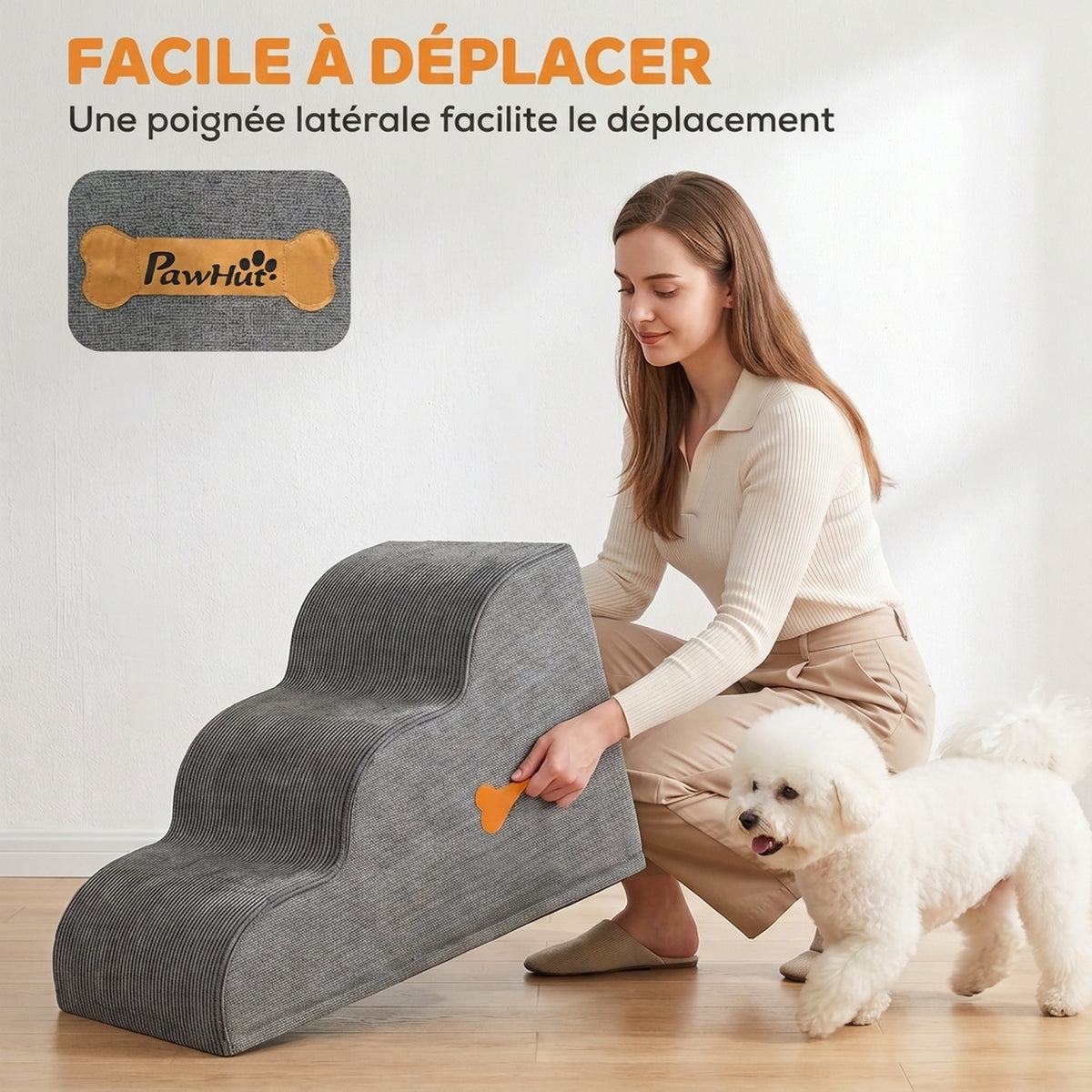 Escalier pour Chien Incurvé Housse Lavable Poignée Rampe pour Animaux 3 Marches Gris-5