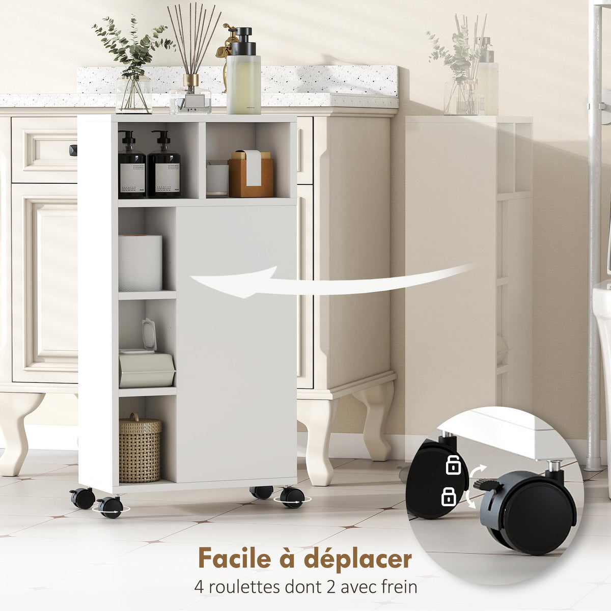 Meuble de salle de bain à roulettes, meuble de rangement étroit, 3 tiroirs, 5 compartiments ouverts, 20x40x80cm, blanc-5