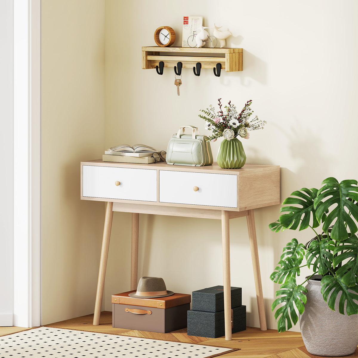 Table console avec 2 tiroirs et pieds en bois, pour salon, entrée, couloir, 86 x 35 x 75 cm, chêne et blanc-1