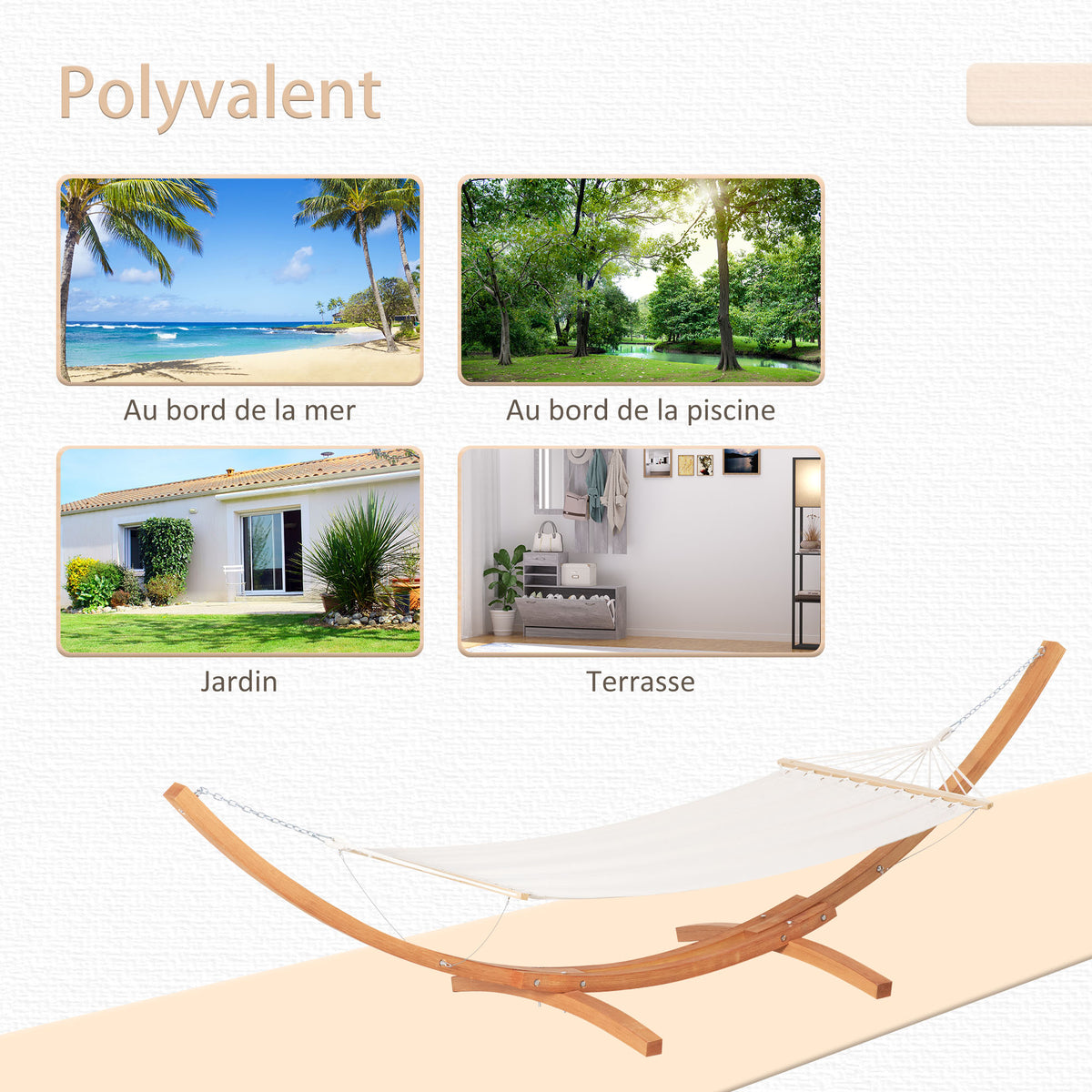 Hamac de jardin avec support en bois hamac sur pied 1 personne 3,92L x 1,2l x 1,1H m coloris crème marron-6