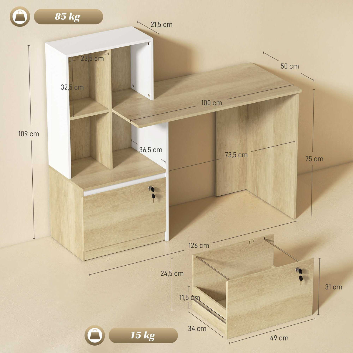 Bureau d'ordinateur avec bibliothèque 4 compartiments et tiroir verrouillable, 126 x 50 x 109 cm, chêne et blanc-2