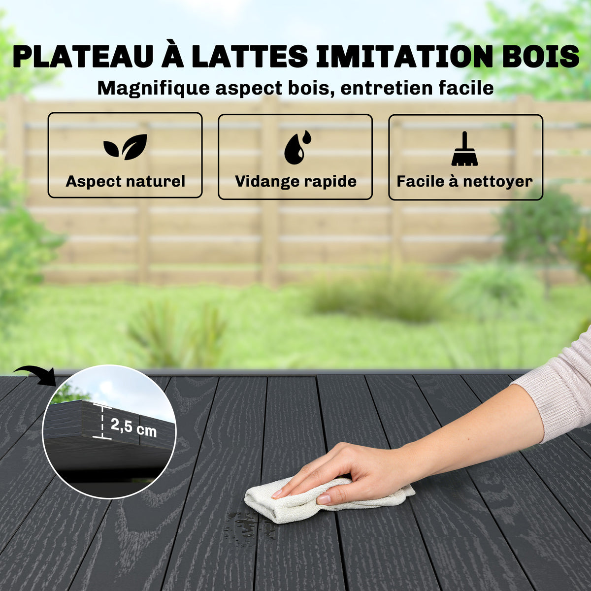 Table de jardin extensible pour 4-6 personnes avec rallonge auto-stockée aluminium avec effet bois 80-160 x 80 cm noir-5