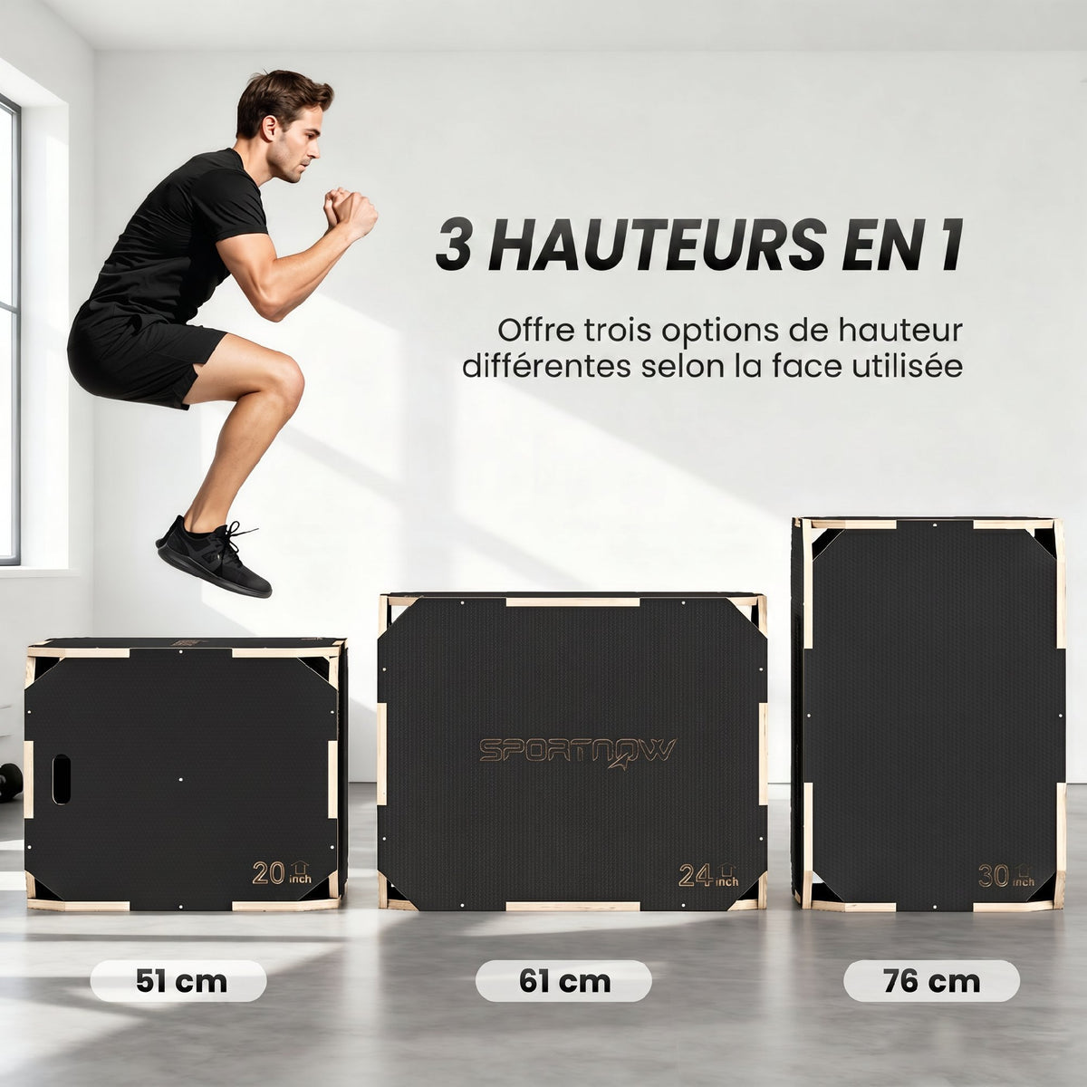 Boîte Plométrique 3 en 1 en Bois pour Entraînement au Saut, Antidérapant et sans Coins, 76x61x51cm, Noir-4
