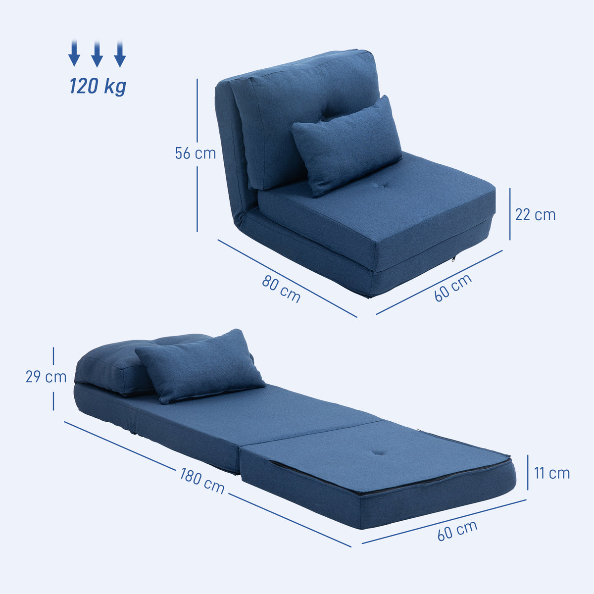 Chauffeuse canapé-lit convertible fauteuil 1 place avec 1 coussin avec dossier réglable, bleu foncé-2