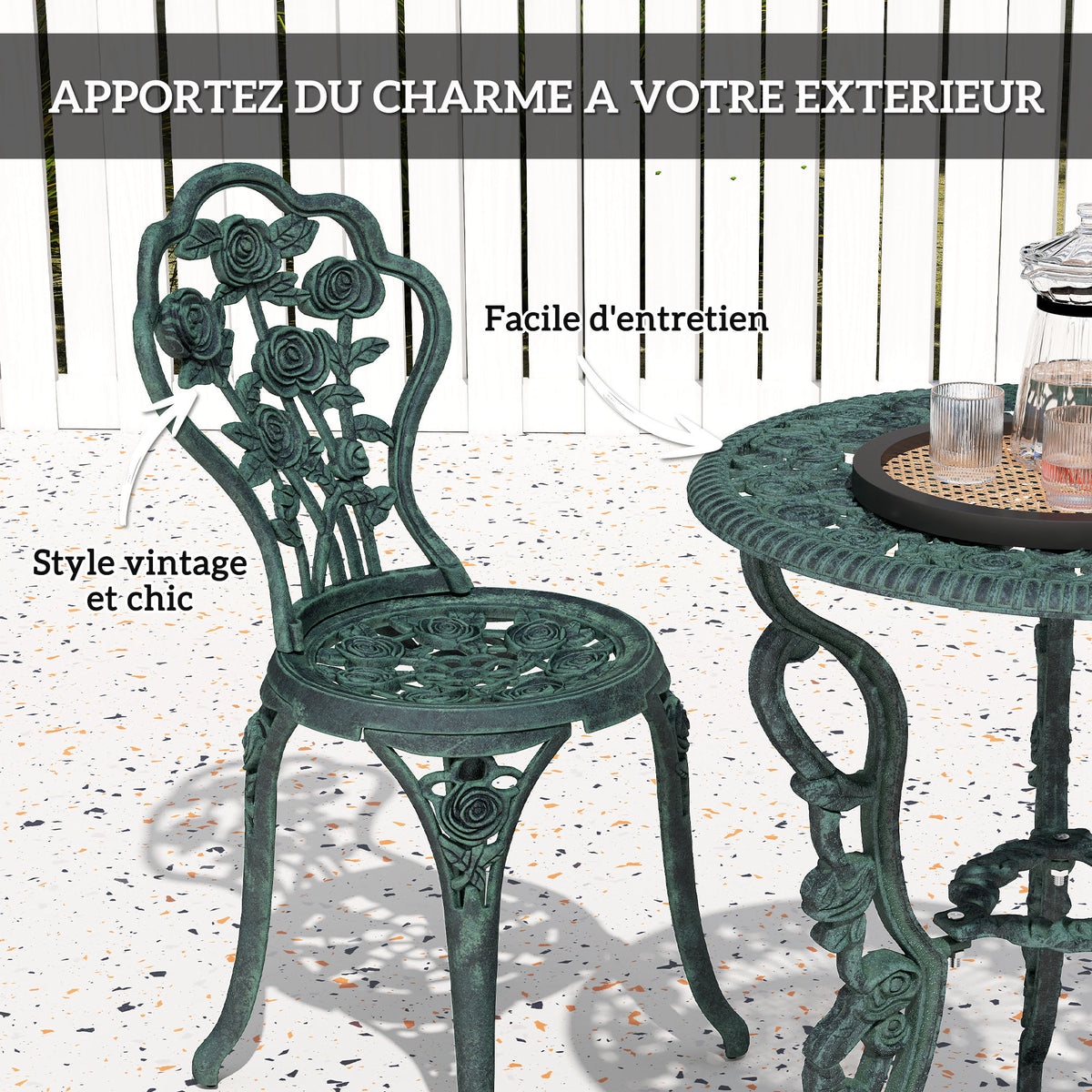 Ensemble Salon de Jardin 2 Places 2 chaises + Table Ronde Style néo-rétro Motif Rose Lignes fuselées Fonte-4