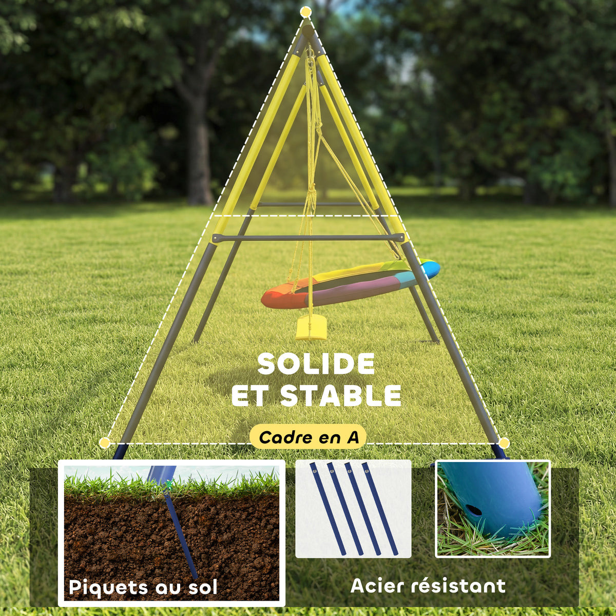 Balançoire portique pour enfant avec double balancelles, cordes réglables, cadre en acier, pour 3-8 ans, multicolore-4