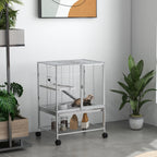 Cage pour petits animaux sur roulettes 2 niveaux avec 2 portes, 1 rampe, 1 étagère de rangement 61,5 x 44,5 x 86 cm gris-9