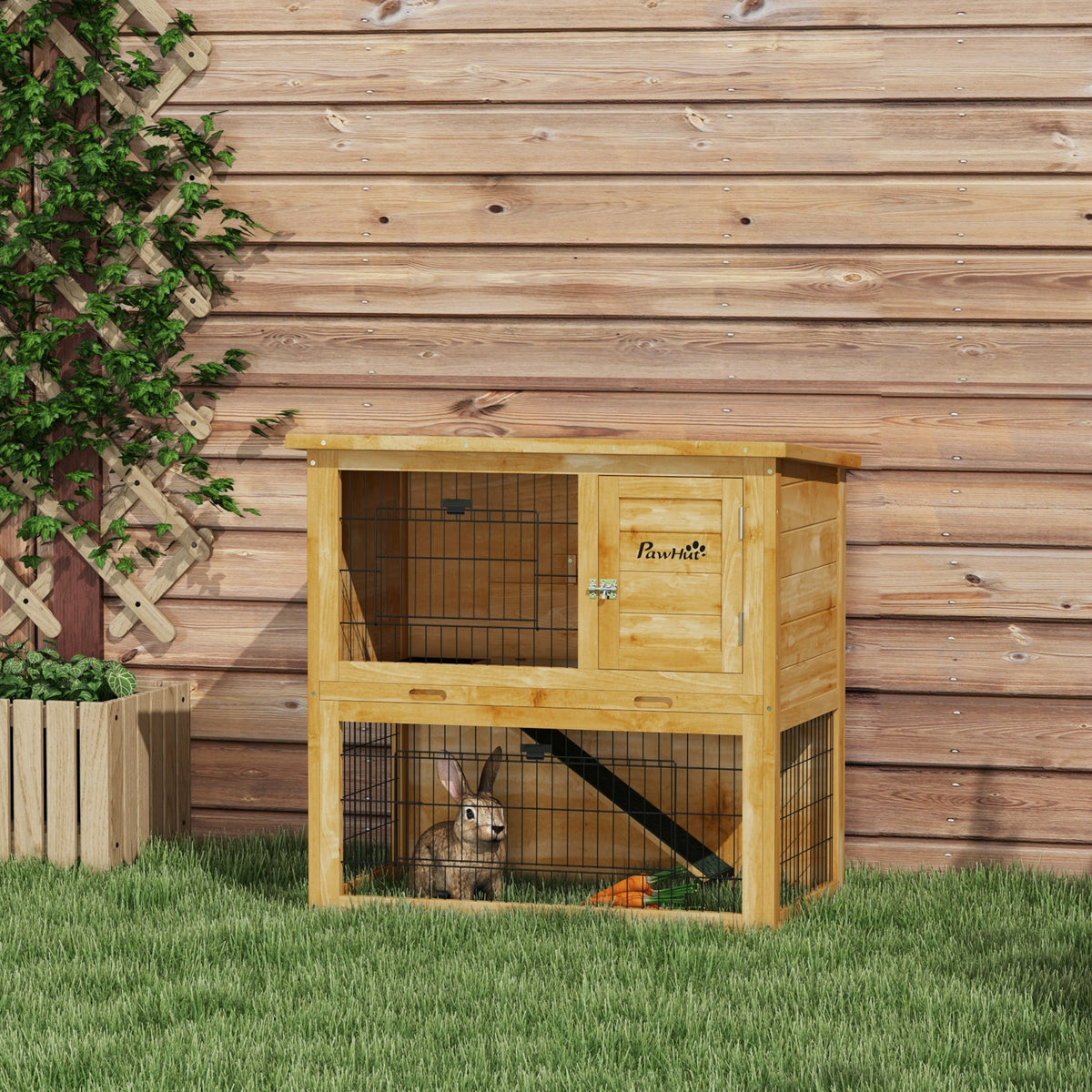 Clapier à lapin en bois 2 étages avec 3 portes plateau coulissant rampe toit bitumé 85 x 50 x 80 cm jaune-9