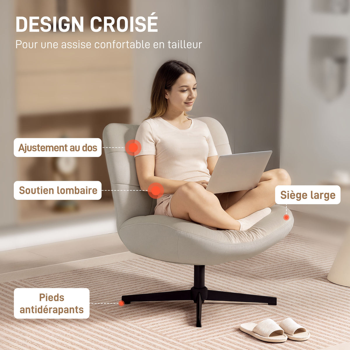 Fauteuil de salon pivotant, chaise rembourrée en chenille sans accoudoirs, assise et dossier larges, 70x80x82cm, crème-3
