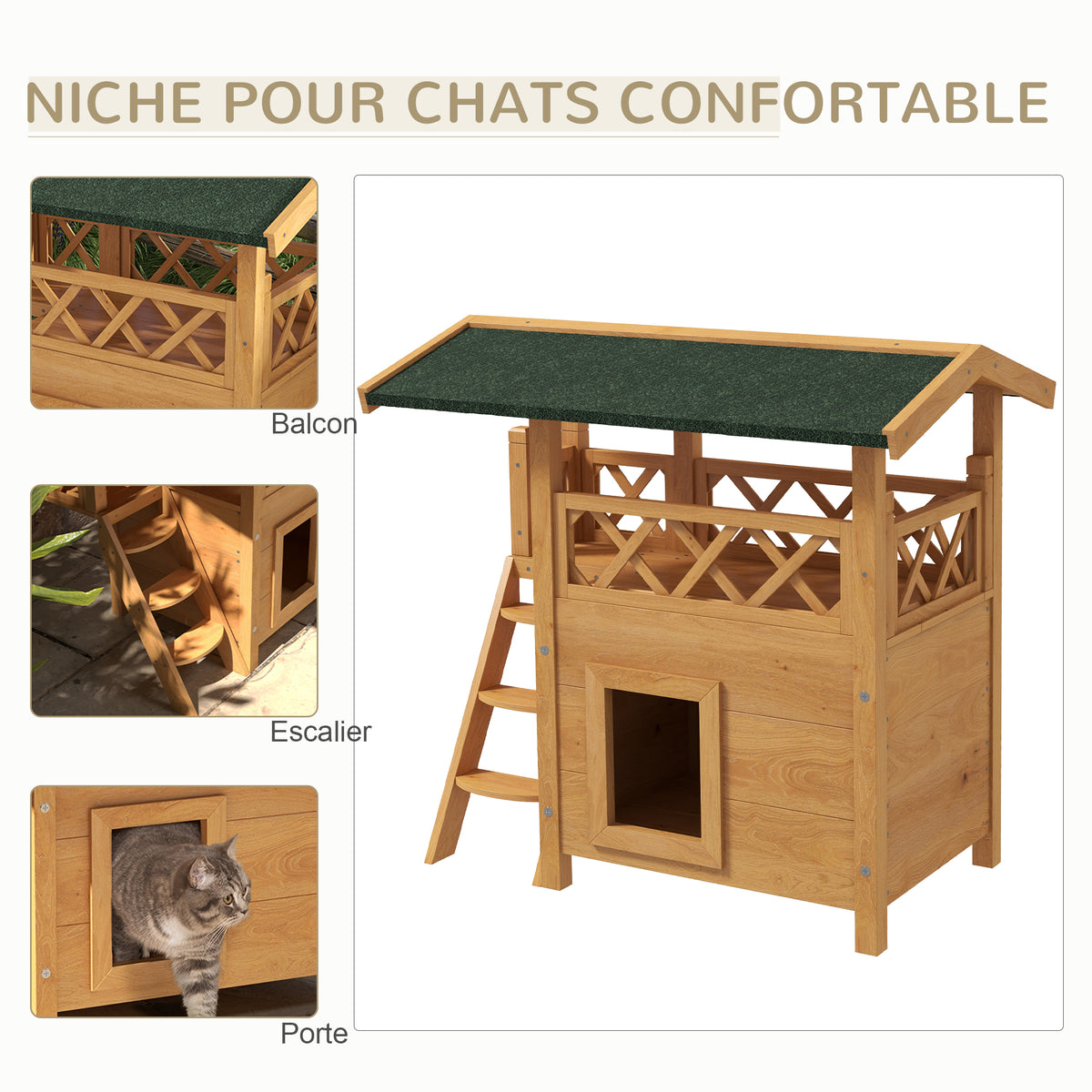 Cabane Chat Extérieur avec Terrasse, Escalier, Toit, Niche Villa, 77 x 50 x 73 cm Bois Naturel et Vert-3