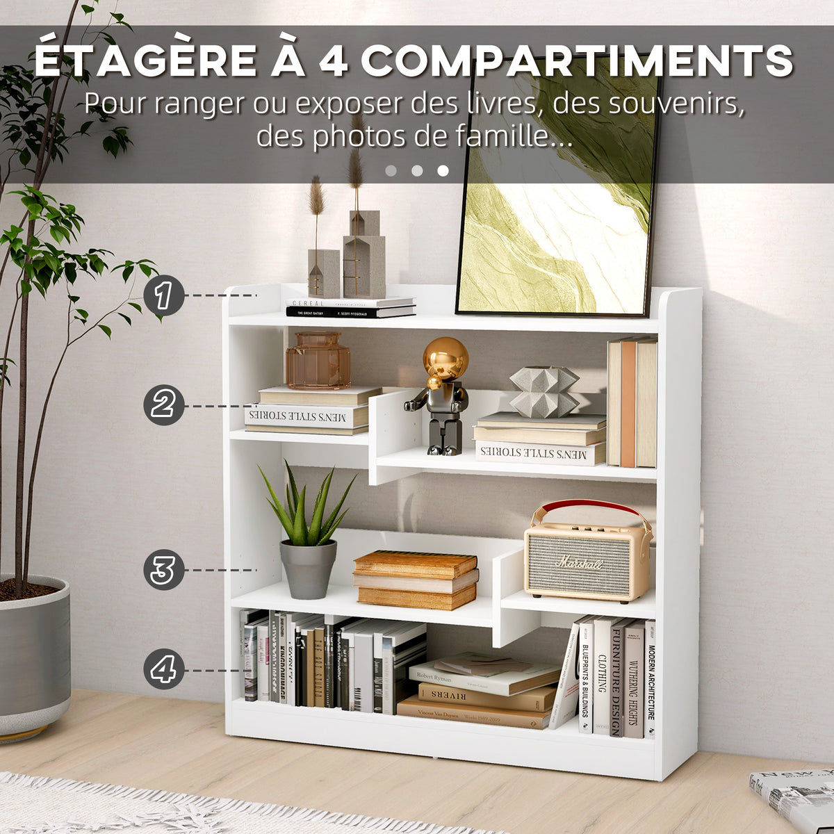 Bibliothèque étagère Meuble de Rangement dim. 90L x 24l x 91H cm 4 Niveaux 3 Panneaux arrières Panneaux de Particules Blanc-3