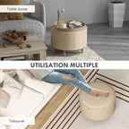 Pouf rond repose-pieds tabouret avec coffre de rangement, plateau réversible, meuble 3 en 1 pied en bois beige-6