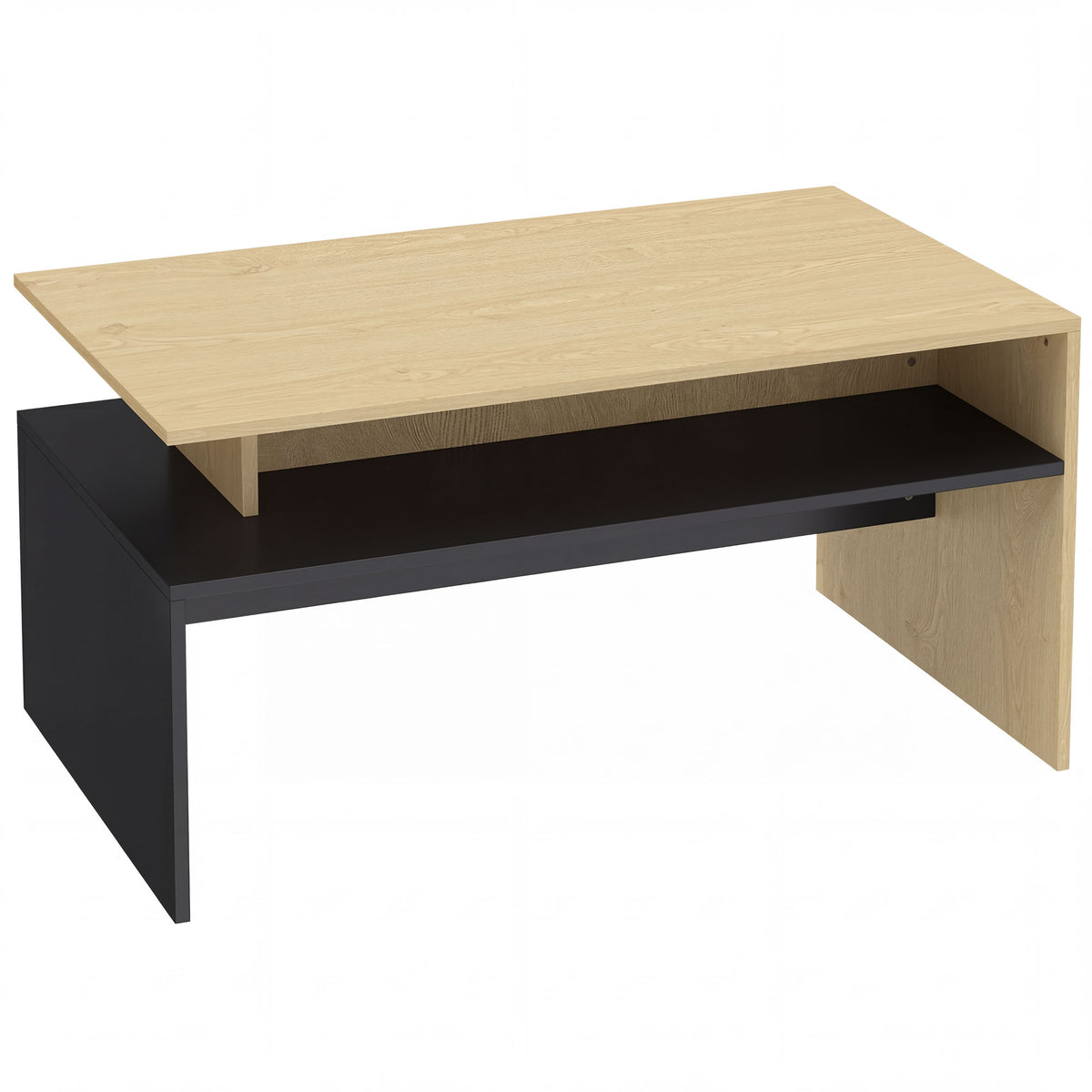 Table Basse Moderne Bicolore à Niveaux Décalés avec Étagère de Rangement, 95 x 55 x 50 cm, Bois Naturel et Noir-0