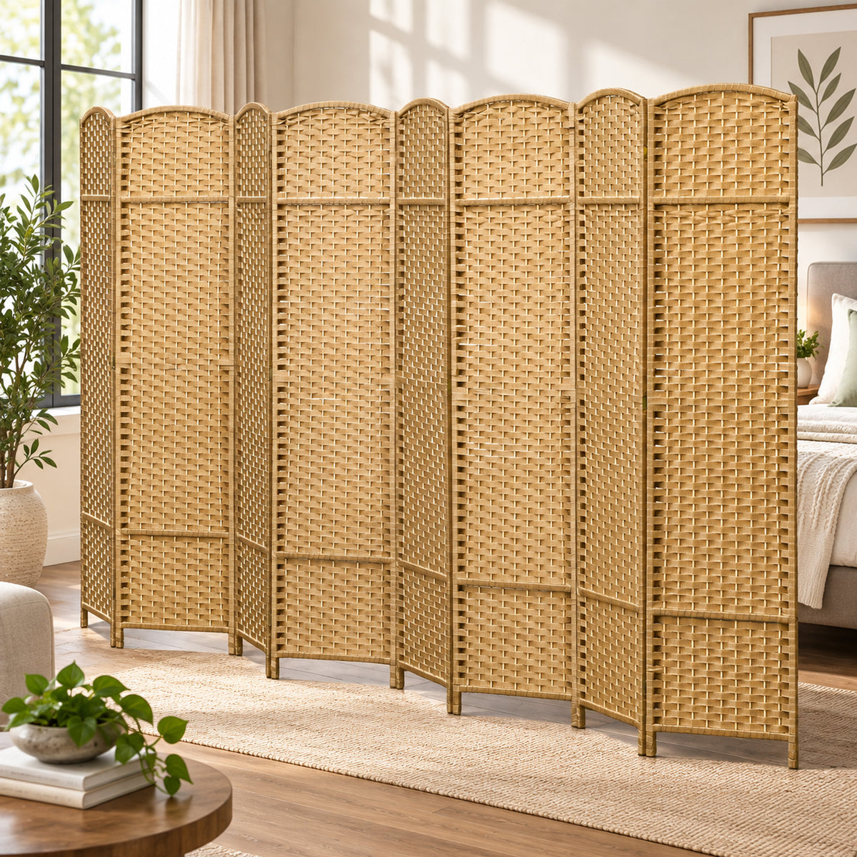 Paravent interieur en bois 8 panneaux 320 x 170 cm séparateur de pièce pliable pour salon, chambre à coucher, naturel-1