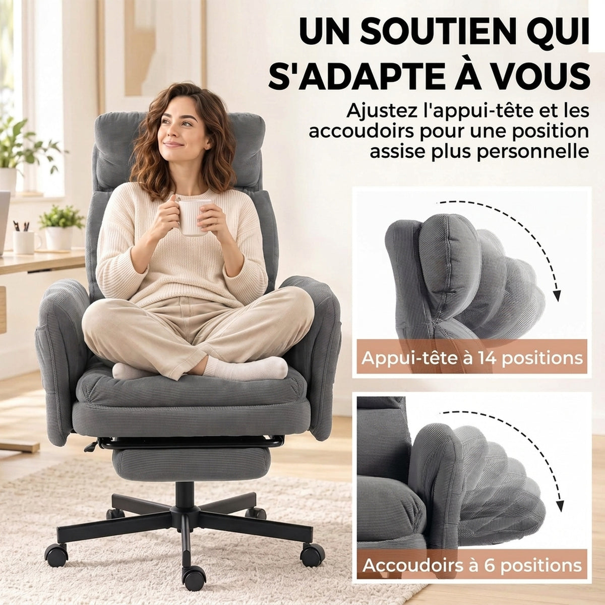 Chaise Bureau Ergonomique, Accoudoirs Rabattables, Appui-tête Réglable, Fauteuil Bureau Inclinable Velours Côtelé, Gris-3