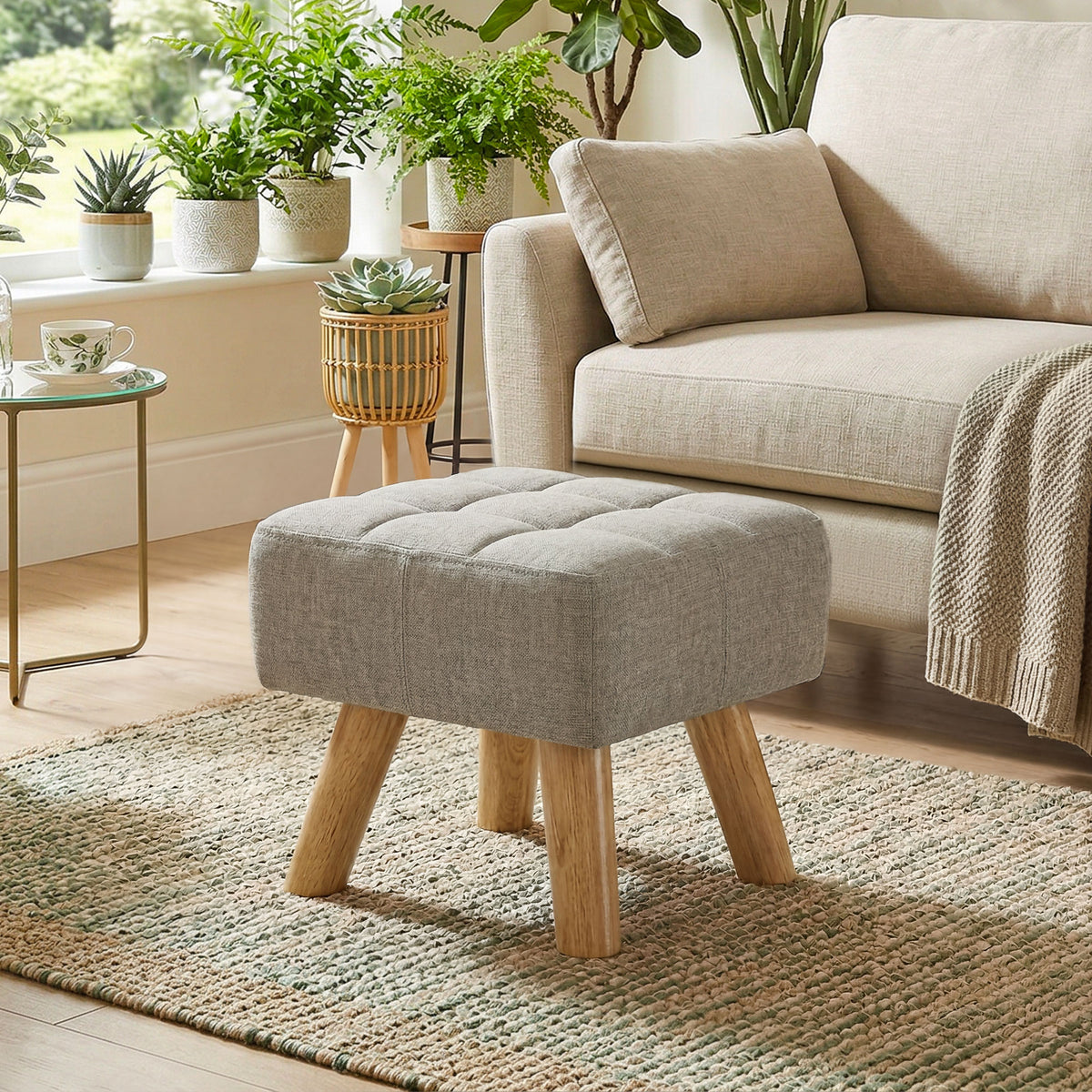 Repose pied salon ottoman siège rembourré en tissu avec pieds en bois 27 x 27 x 26 cm gris clair-1