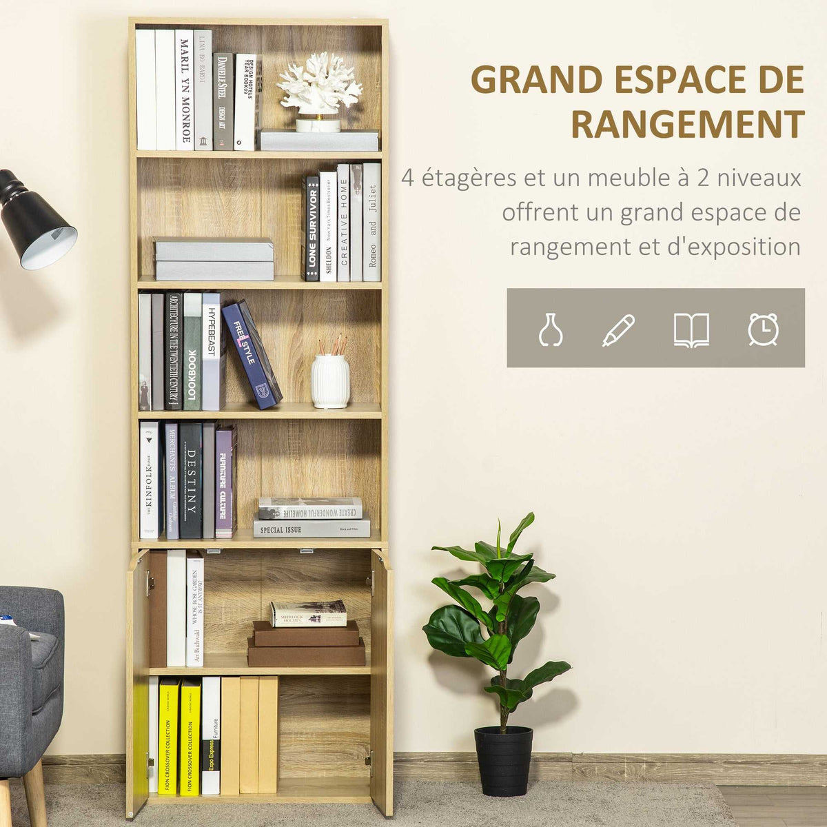 Bibliothèque Armoire à livres avec 4 compartiments ouverts et 2 portes pour le salon et le bureau 59x29x180 cm Bois naturel-3
