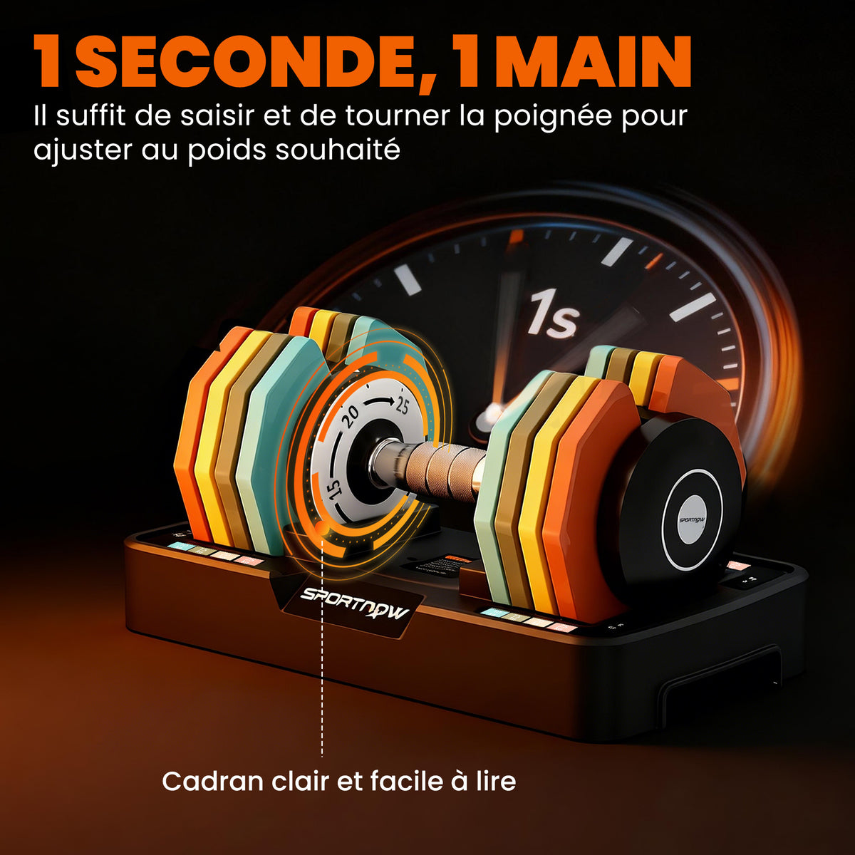 Haltère réglable 5 à 25 kg avec base de rangement 5 niveaux de poids, poignée antidérapante disques d'haltères octogones-4