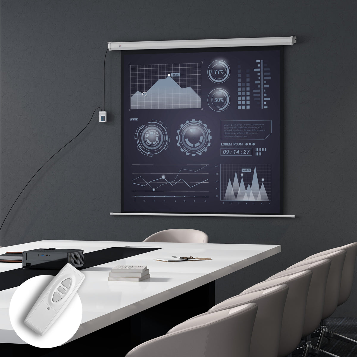 Écran de projection motorisé 85 pouces, 4K HD électrique, montage mural ou plafond, panneau de commande et télécommande-1