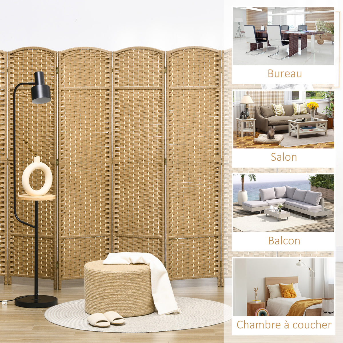 Paravent interieur en bois 8 panneaux 320 x 170 cm séparateur de pièce pliable pour salon, chambre à coucher, naturel-6