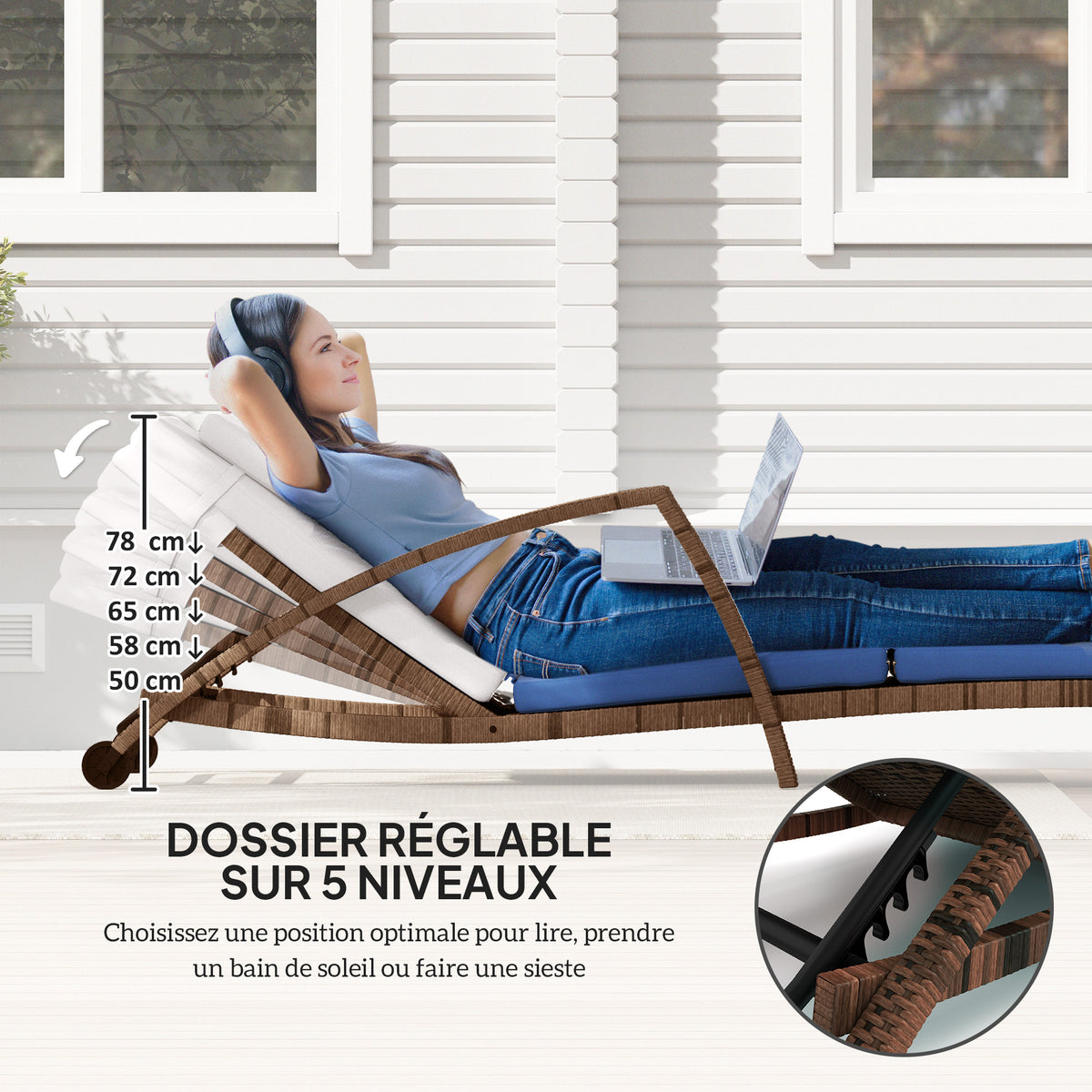 Bain de soleil, chaise longue en résine tressée avec dossier réglable, roulettes, coussin et accoudoirs, marron et beige-3