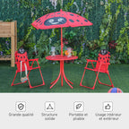 Ensemble Salon de Jardin Enfant 4 pcs Design Coccinelle - Table Ronde + 2 chaises Pliables + Parasol - métal époxy Oxford Rouge-4