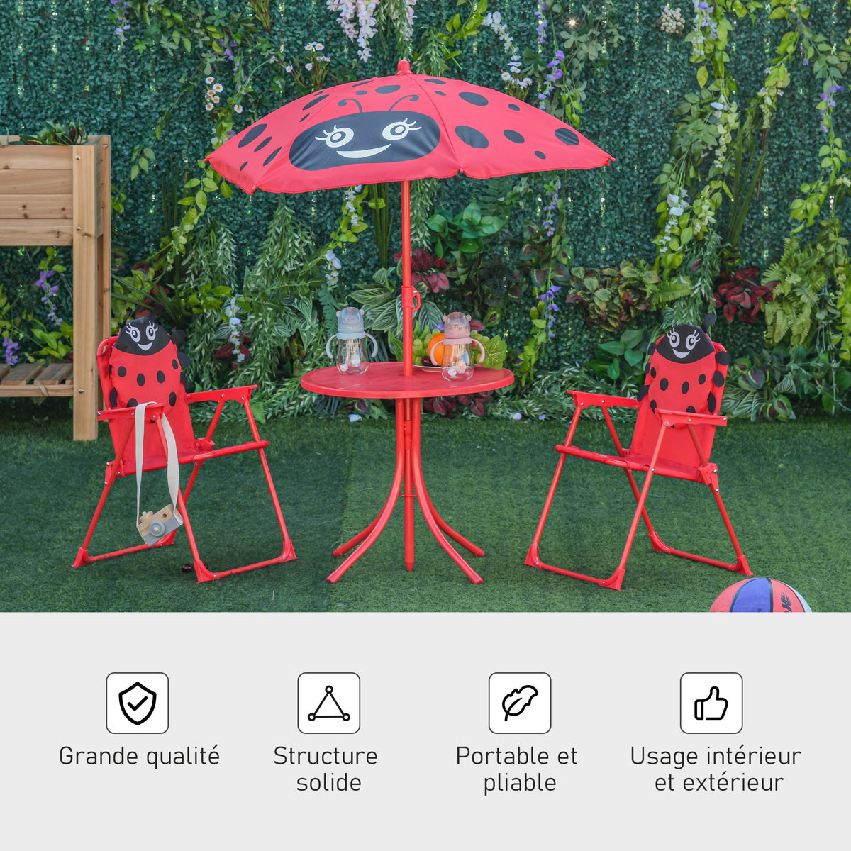 Ensemble Salon de Jardin Enfant 4 pcs Design Coccinelle - Table Ronde + 2 chaises Pliables + Parasol - métal époxy Oxford Rouge-4