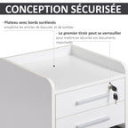 Caisson de bureau rangement bureau sur roulettes 3 tiroirs 1 verrouillable 1 trieur dossiers en bois blanc-4