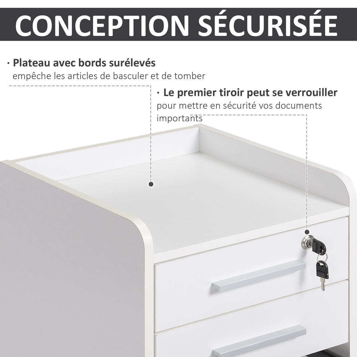Caisson de bureau rangement bureau sur roulettes 3 tiroirs 1 verrouillable 1 trieur dossiers en bois blanc-4