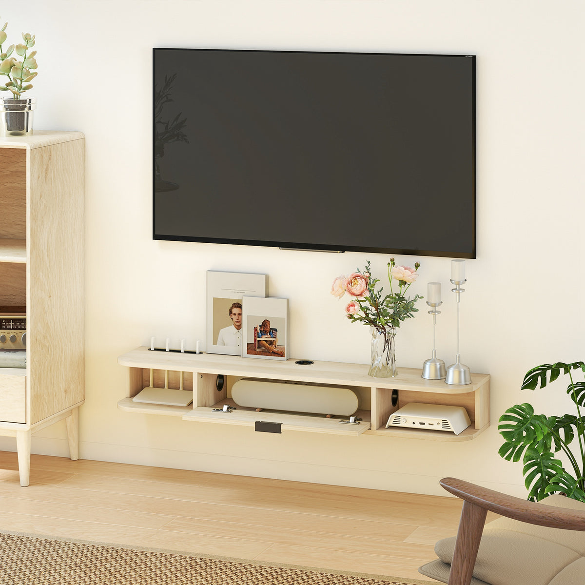 Meuble TV suspendu, meuble télé pour téléviseur jusqu'à 50 pouces, tiroir rabattable 2 étagères 120x24x16cm bois naturel-7