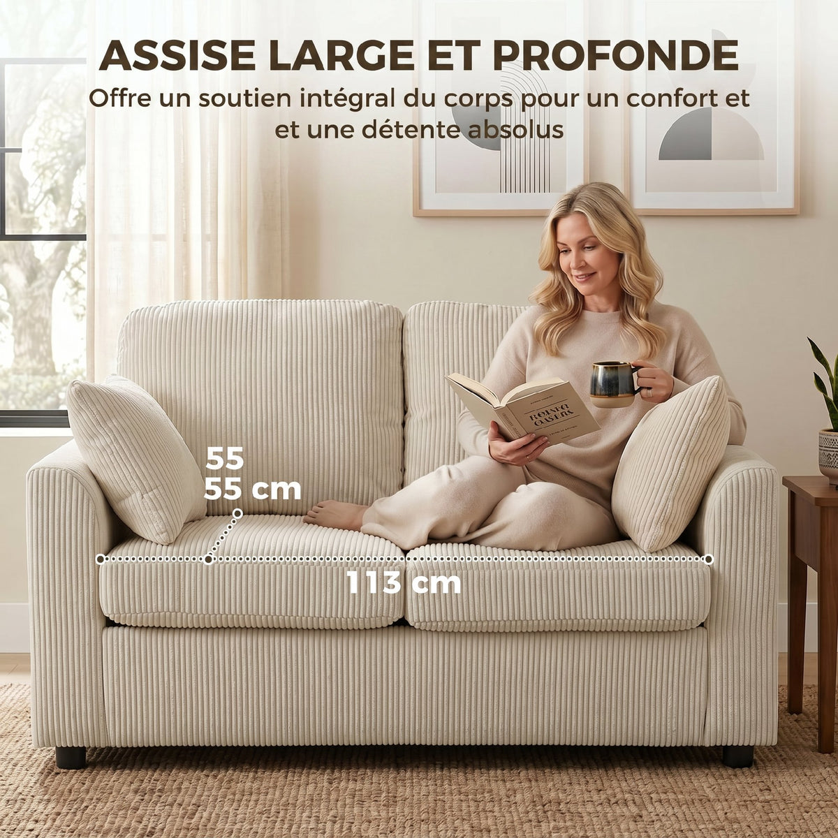 Canapé 2 Places en Velours Côtelé, Canapé de Salon 144 cm avec Assise Large Rembourrée, 2 Oreillers, Beige-5